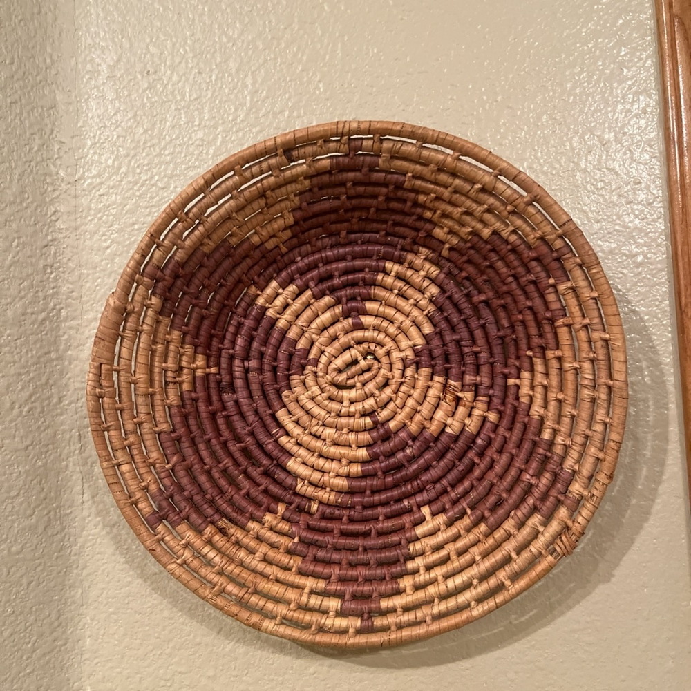 Handmade Coil Basket Bowl Flower Star Pattern Brown  Tan 12 inches